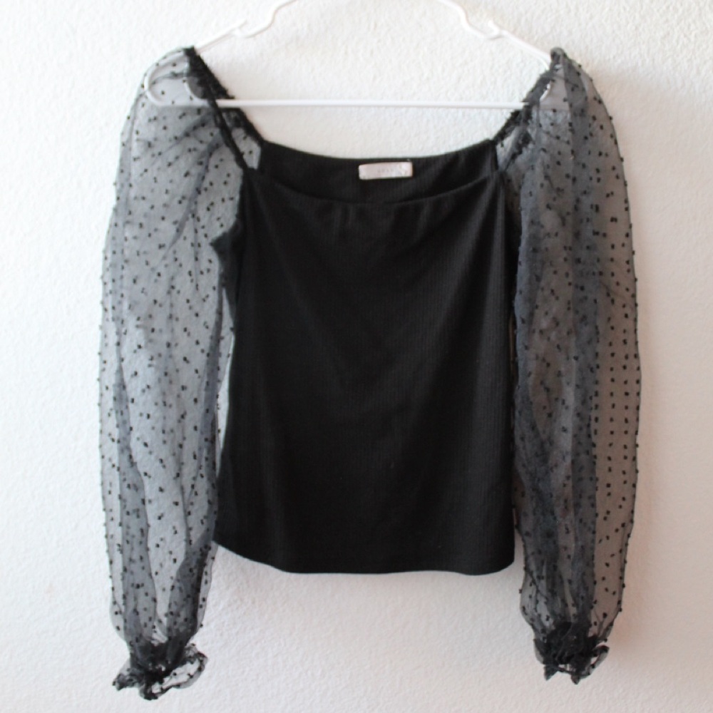 lush swiss dot sheer sleeve ribbed long sleeve blouse small square neck sz small